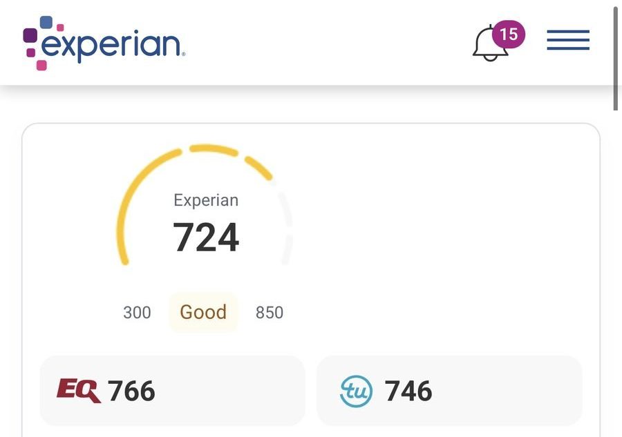 Captura de Experian: Experian 724, Equifax 766, TransUnion 746