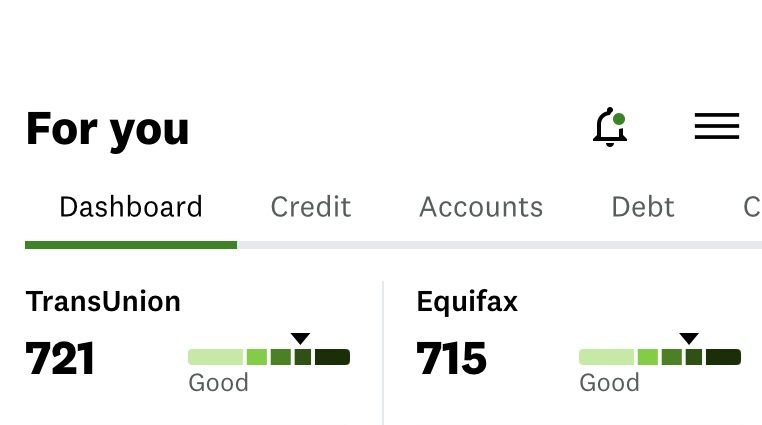Captura de Credit Karma: TransUnion 721, Equifax 715