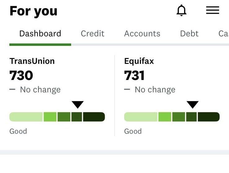 Captura de Credit Karma: TransUnion 730, Equifax 731